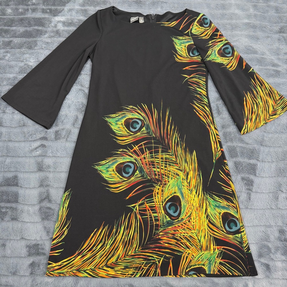 Muse Black Peacock Feather Print Bell Sleeve Shift Dress Size 4